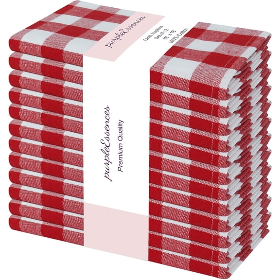 PurpleEssences Gingham Plaid Cloth Napkins - Set of 12, 100% Cotton Soft, Durable - Red/White