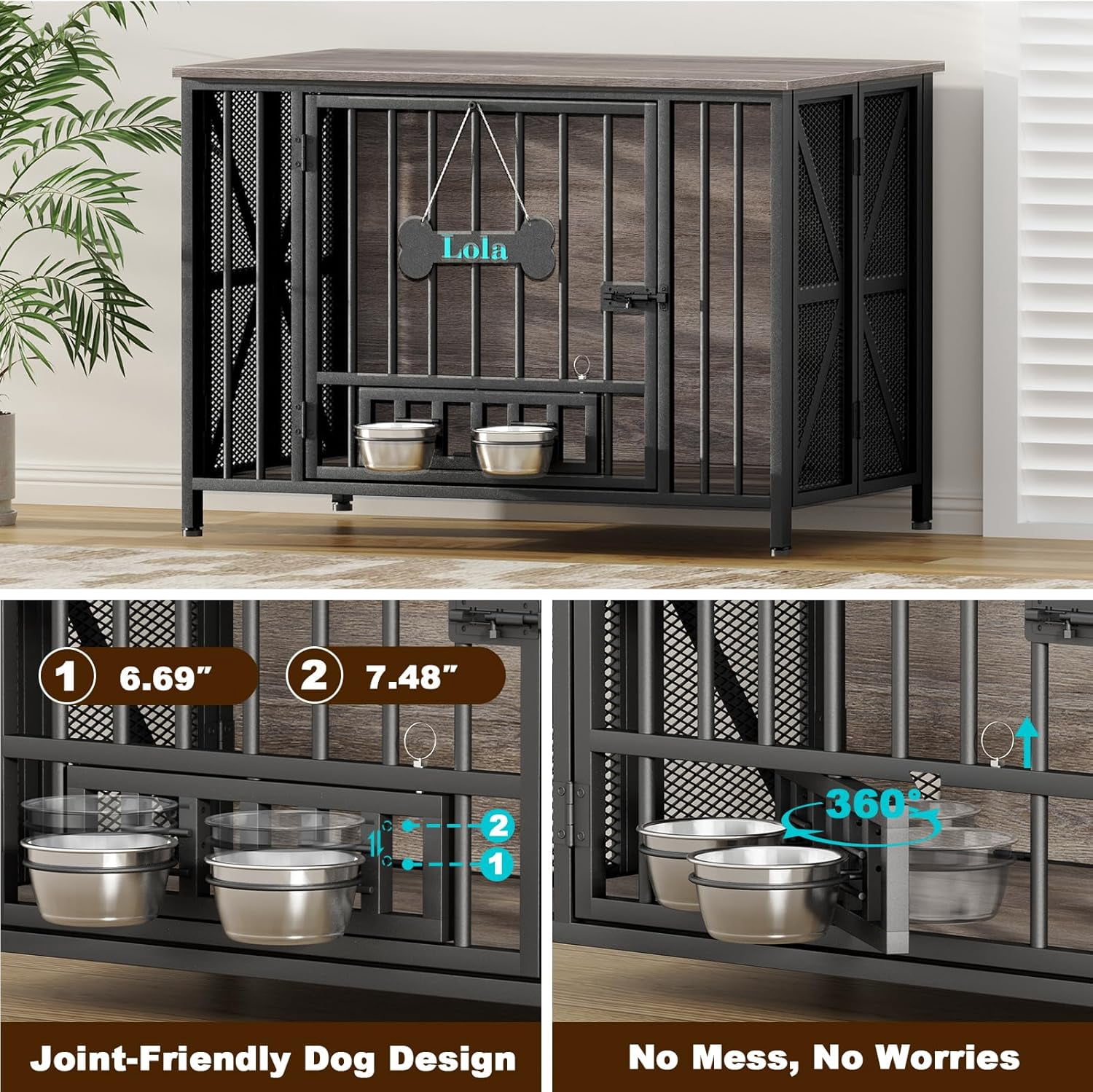 POAO 41" Foldable Dog Crate Furniture, Assembly-Free Dog Crates for Large Dogs,Dog Kennel Indoor with Tag & Adjustable Dog Bowls,Oak Grey