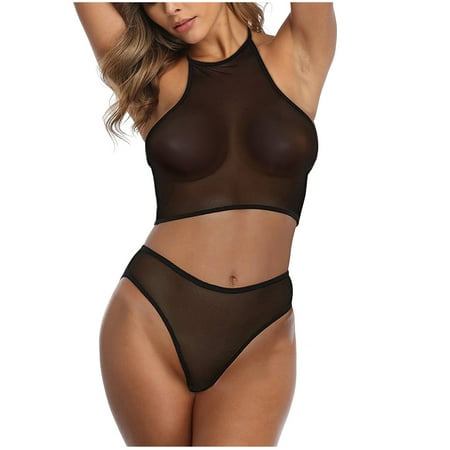 

EchfiProm Great Chill Women s Home Underwear Sexy Mesh See-through Underwear Solid Color Sexy Lingerie Set Valentine s Lingerie