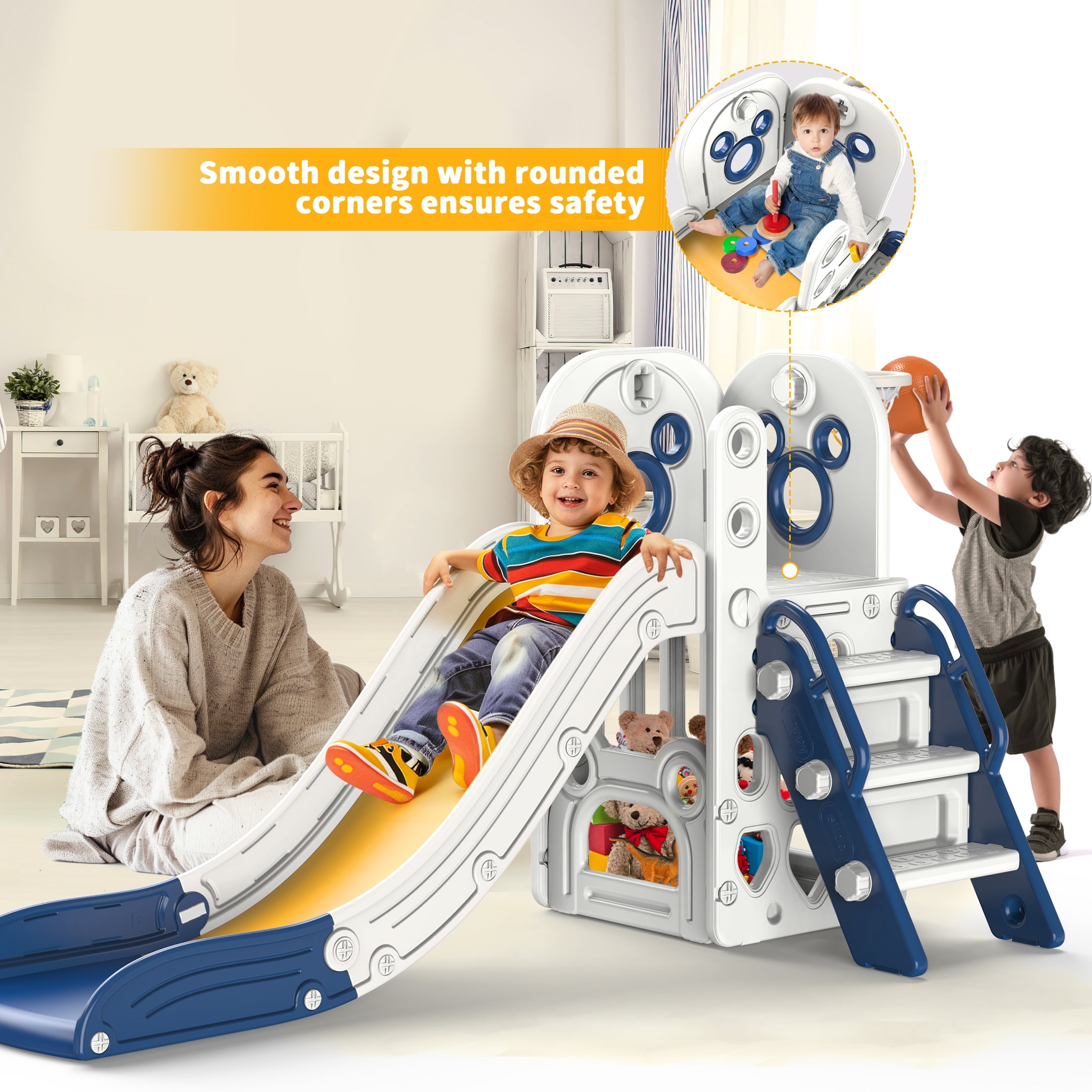 Zifadola Sturdy Kids Slide, 4 in 1 Toddler Slide and Climber Playset with Basketball Hoop, Blue