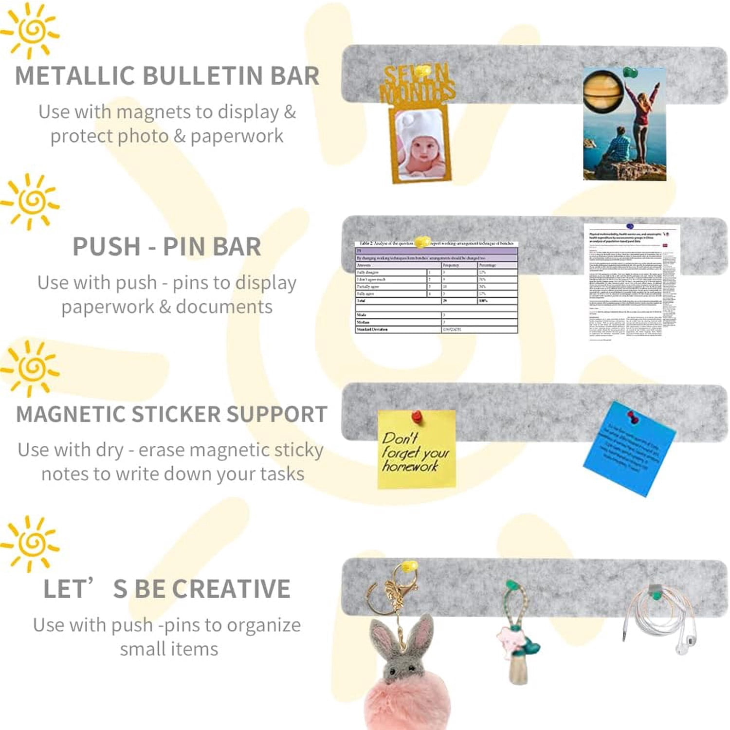 8Pcs Light Grey Cork Board Bar Strips with 50 Pushpins & Sticky Notes, Self-Adhesive Bulletin Board Strips No Damage for Wall, Felt Pin Board for Paste Notes, Photos, Schedules Office Decor