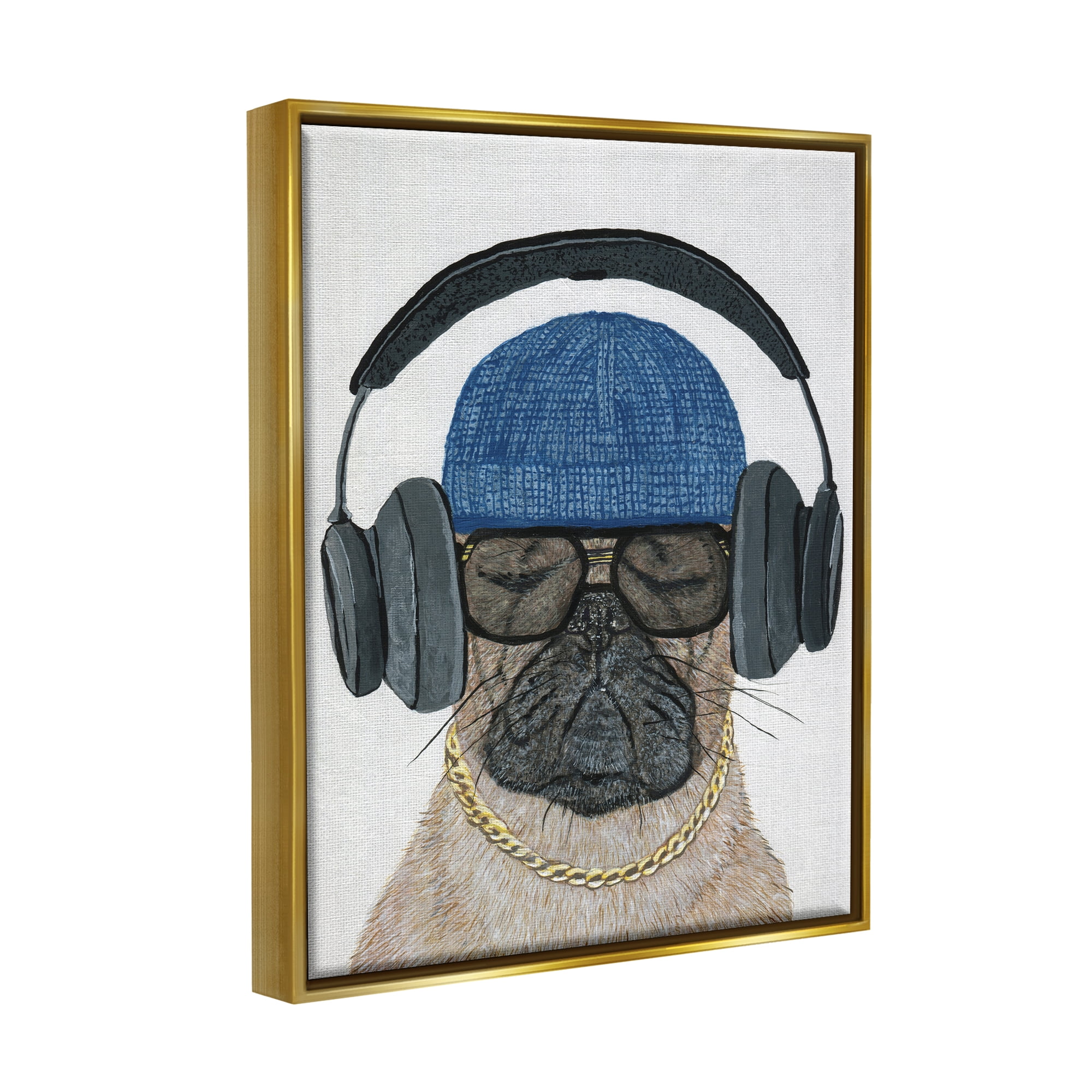 Stupell Industries Pug in Headphones Animals & Insects Painting Gold Floater Framed Canvas Art Print Wall Art, 25 x 31