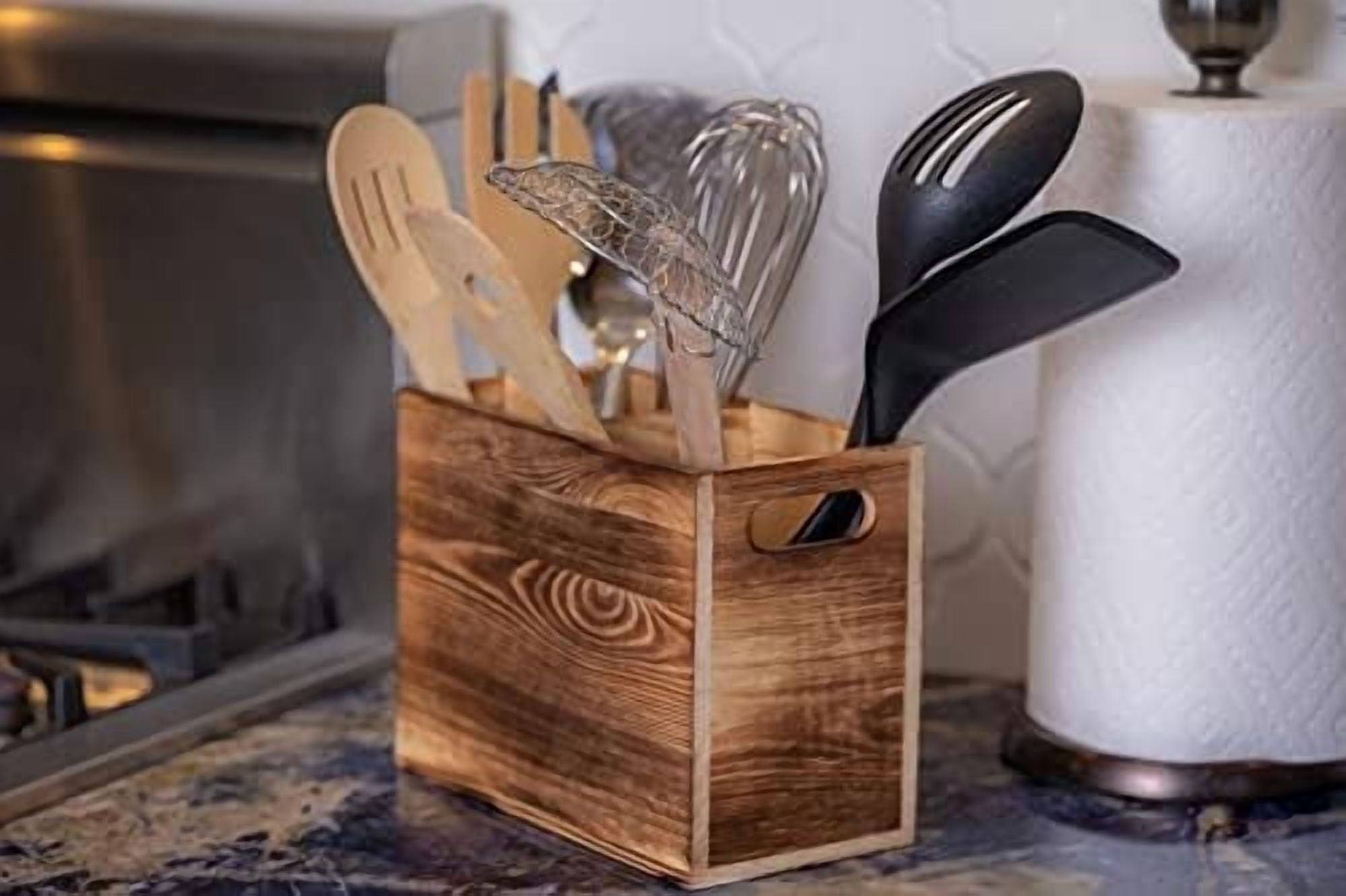 Wood Utensil Holder for Kitchen Counter - 2 Compartment Large Utensil Crock Organizer for Countertop - Tool Holder for Spatula - Farmhouse Decor