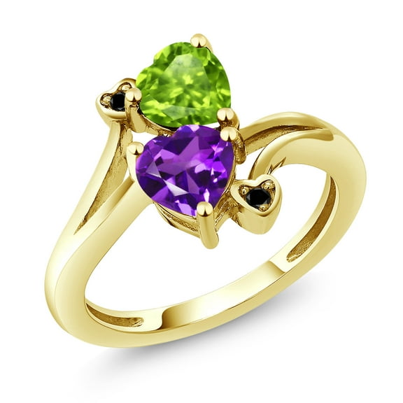 Gem Stone King 10K Yellow Gold 1.51 Ct Heart Shape Purple Amethyst Green Peridot Diamond Accent Ring (Size 5)