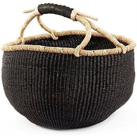 Basket | Round Bolga Basket | Ghana Basket | Plant Pot| Shopper or Market Basket | Picnic | Woven Basket | Toy Storage | Magazine Storage | Solid colors (Black, Large 14"-16" Across)