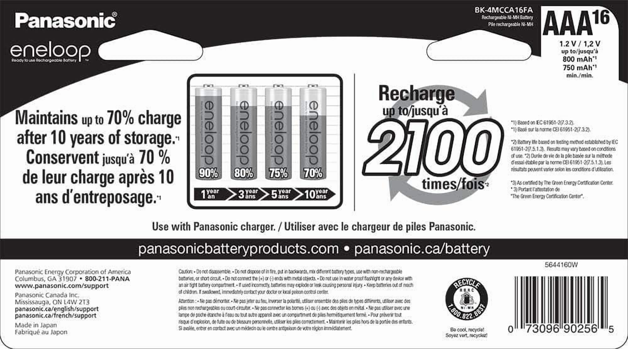 Panasonic Eneloop Piles rechargeables pré-chargées AAA 2100 cycles Ni-MH, (Paquet de de 16)
