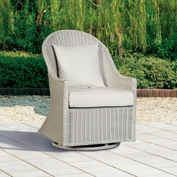 Furniture of America Rounne Modern Wicker Outdoor Swivel Chair, White