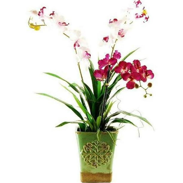 Designs by Lauren 16F42 Trio d'Orchidées de 34 Po dans un Vase en Céramique Gaufré