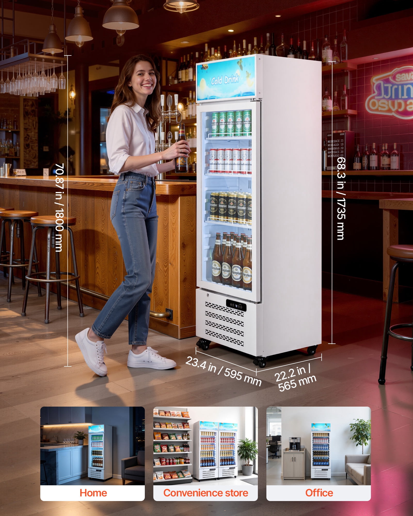 VEVOR Commercial Merchandiser Refrigerator, 9.6 Cu.Ft / 273 L Glass Door Display Refrigerator, Upright Beverage Cooler with Customizable Lightbox,4 Adjustable Shelves & Soft LED Light for Homes Shops