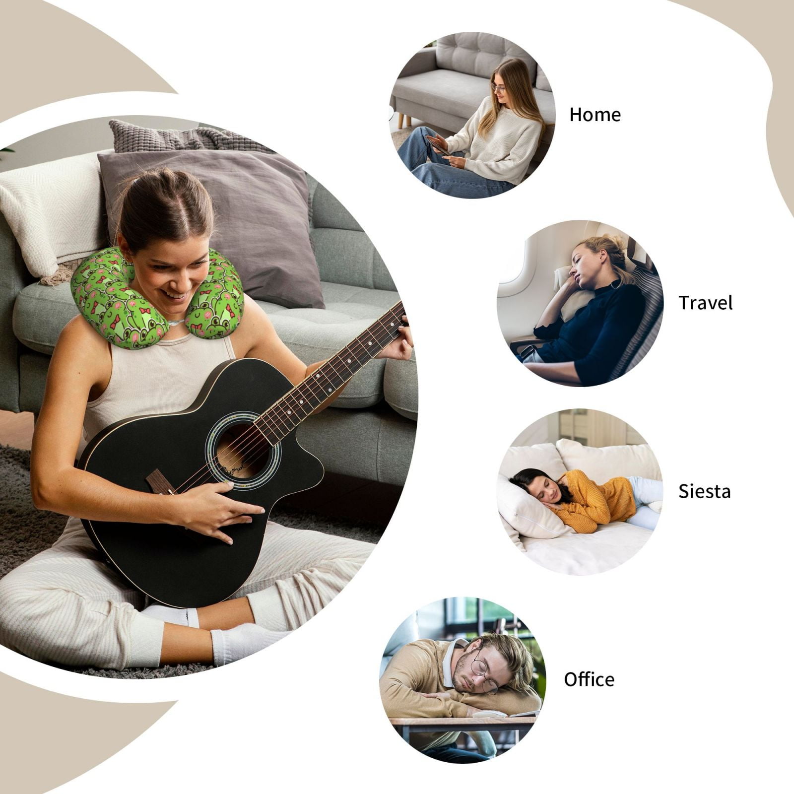 Xecao Cute Green Frog Print Memory Foam Cervical Neck Pillow Versatile U-Shaped Pillows for Home,Office,Camping,Travelling,Soft Washable Cover