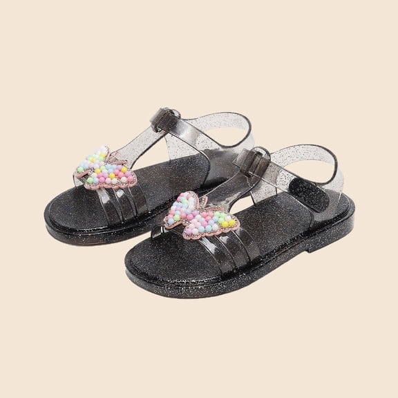 Caywon Girls Bow Jelly Sandals, Candy Beads Glitter T-Strap Buckle Shoes, Flat Open Toe Summer Beach Footwear, Lightweight Waterproof Sandalias de Gelatina Niñas
