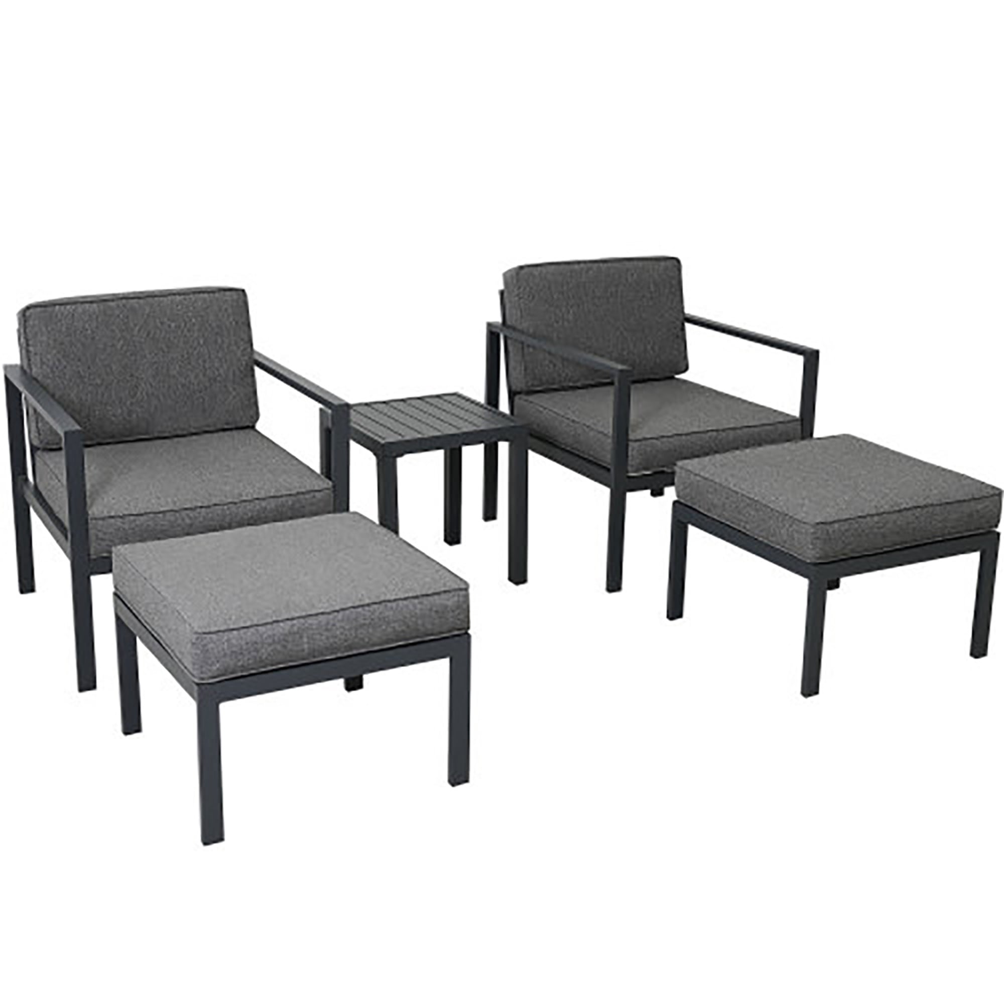 Kadyn Outdoor Patio Sofa Sectional, 5 Piece Aluminum Conversation Sofa Set with Coffee Table and Stool, Black Frame + Gray Cushions Kadyn Outdoor Patio Sofa Sectional, 5 Piece Aluminum Conversation Sofa Set with Coffee Table and Stool, Black Frame + Gray Cushions