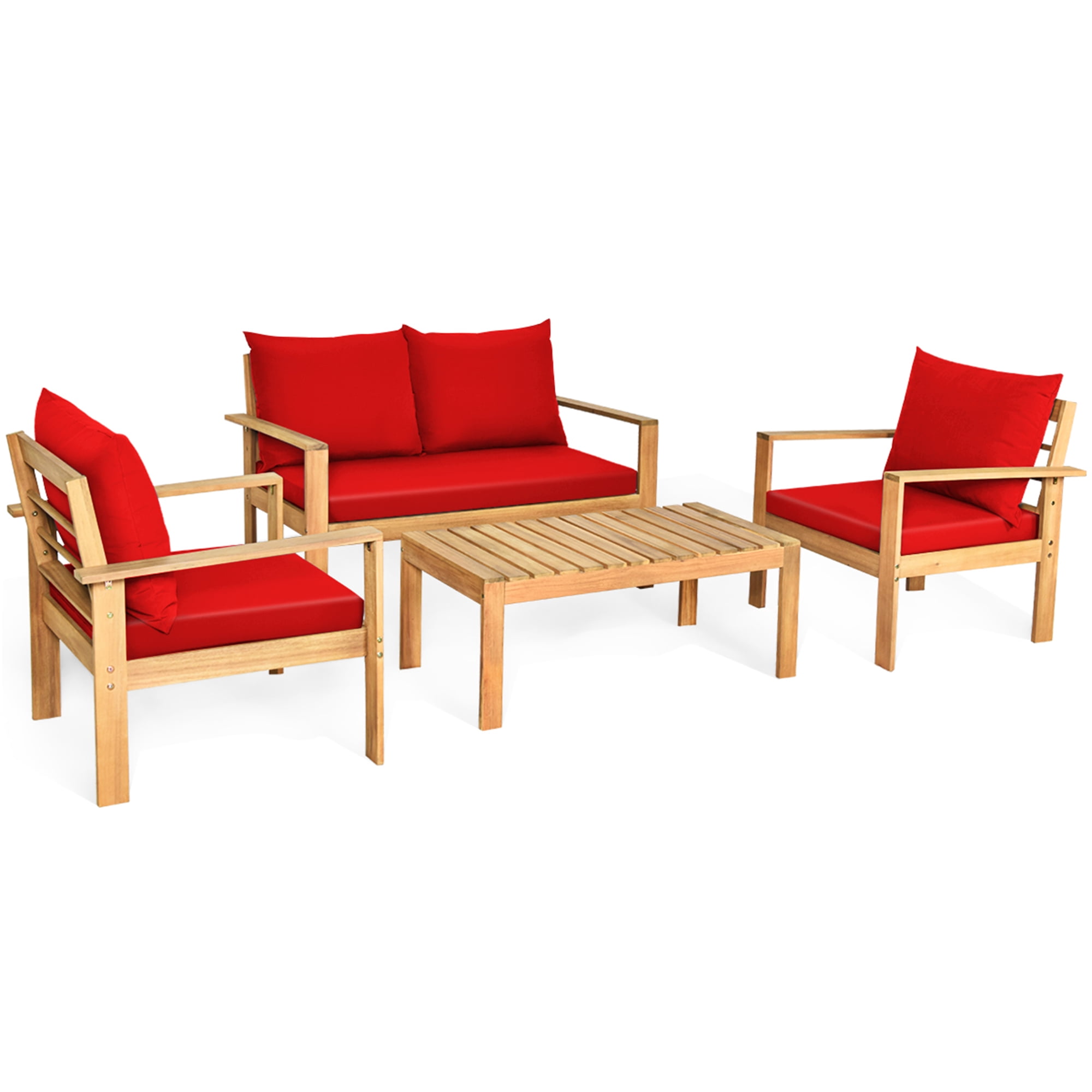 Gymax 8PCS Patio Acacia Wood Conversation Furniture Set w/ Red Cushions