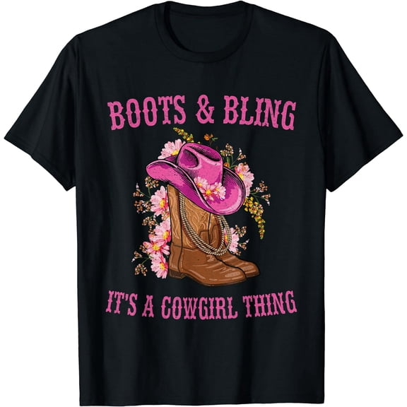 Women's Casual T-Shirt, Cowgirl Boots and Bling Graphic Print, Country Life Style