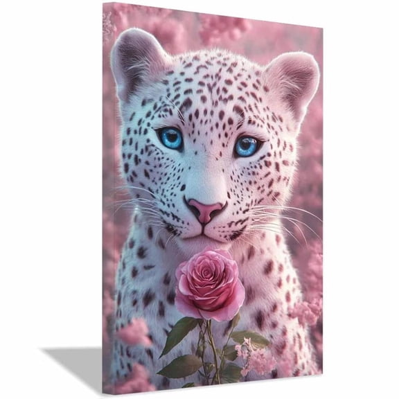 Mudket Framed Pink Leopard with Rose Canvas Wall Art, Cute Floral Animal Print Wall Decor, Ready to Hang for Girls Bedroom Living Room - 12"L x 8"W