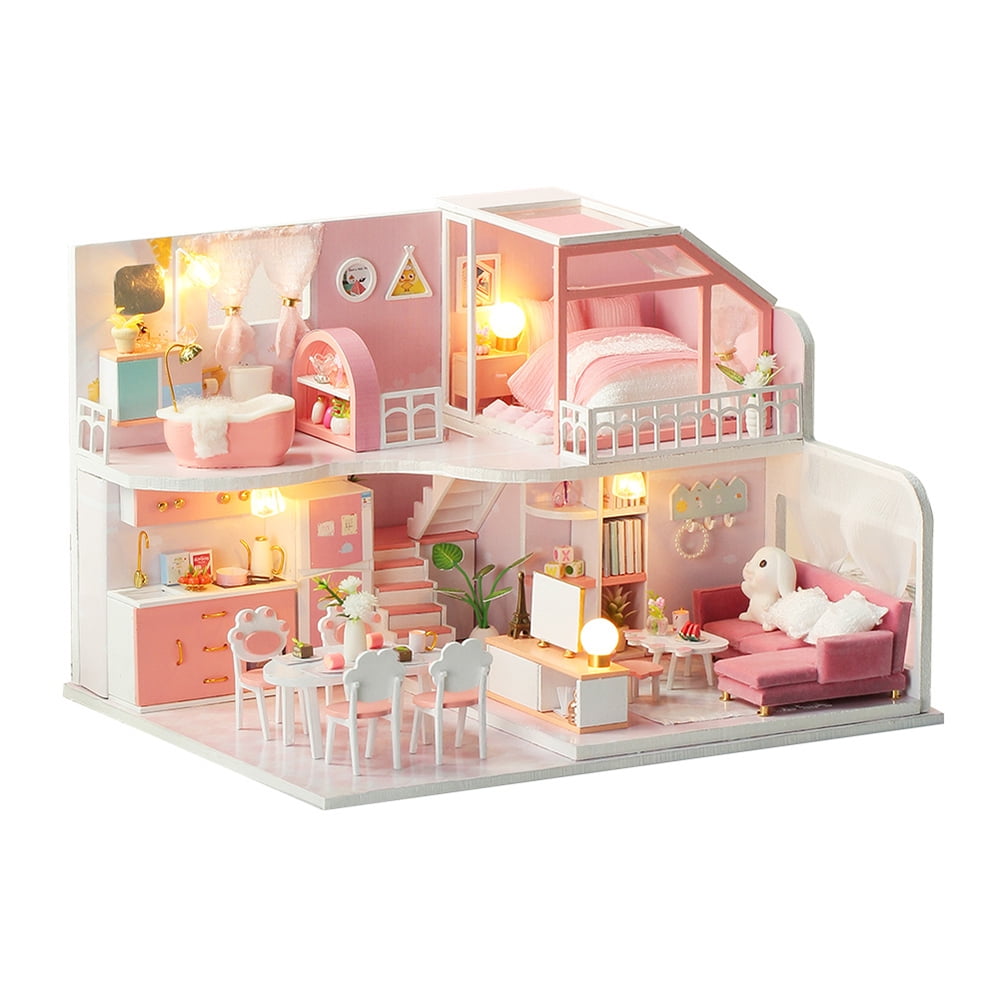 DIY Dollhouse Miniature Furniture Wooden Model Kids House Xmas Gift LED Light 