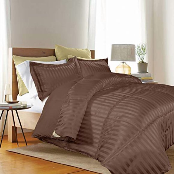 Blue Ridge Home Fashions Kathy Ireland-Essentials Microfiber Damask Stripe/Solid 3-PC Reversible Down Alternative Set Twin in Chocolate Color Comforter