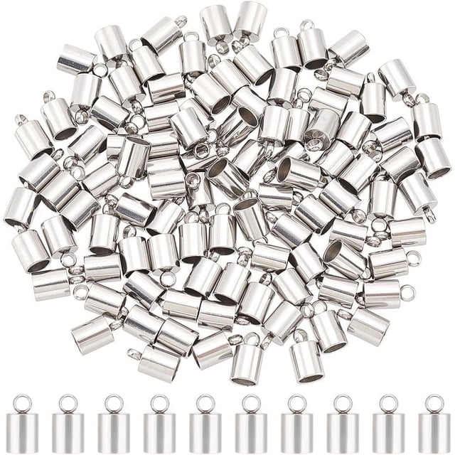 100pcs Barrel End Caps 100pcs Stainless Steel Cord Ends 4mm Inner Diameter Smooth End Caps Terminators Cord Finding for Jewelry Making Kit Stainless Steel Color