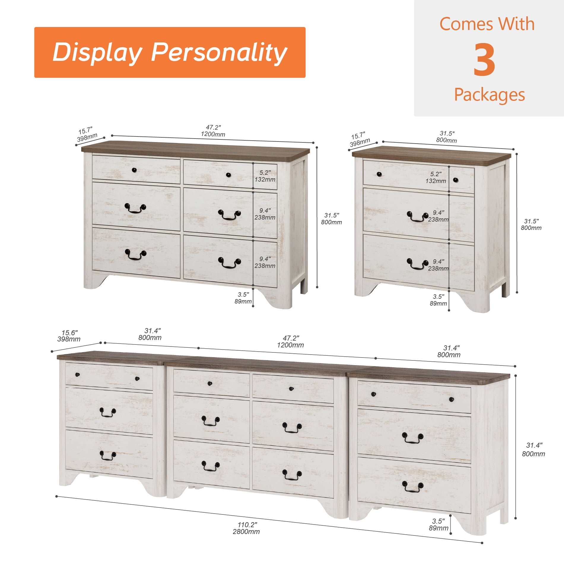 Farmhouse TV Stand For Tvs Up To 110", 3-In-1 TV Stands With 12 Drawers, Entertainment Center TV Console Storage Cabinets For Living Room Bedroom
