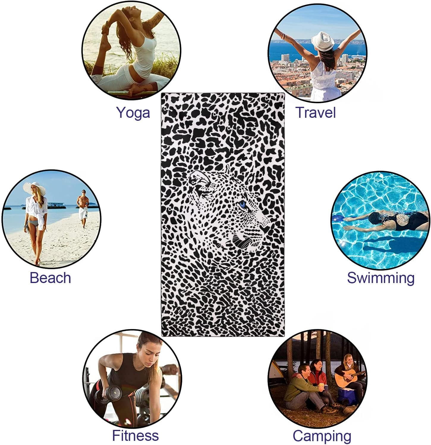 Cheetah Beach Towel Oversized 71x36IN Quick Dry Sand-Free Black and White Leopard Print Beach Towels Soft Lightweight Towels for Swim Pool Camping Travel