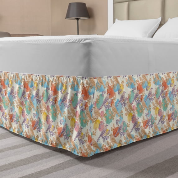Bird Bed Skirt, Continuous Animal on Branch Watercolor Splashes Tropical Handmade Painted Layout, Elastic Bedskirt Dust Ruffle Wrap Around for Bedding Decor, 4 Sizes, Multicolor, by Ambesonne