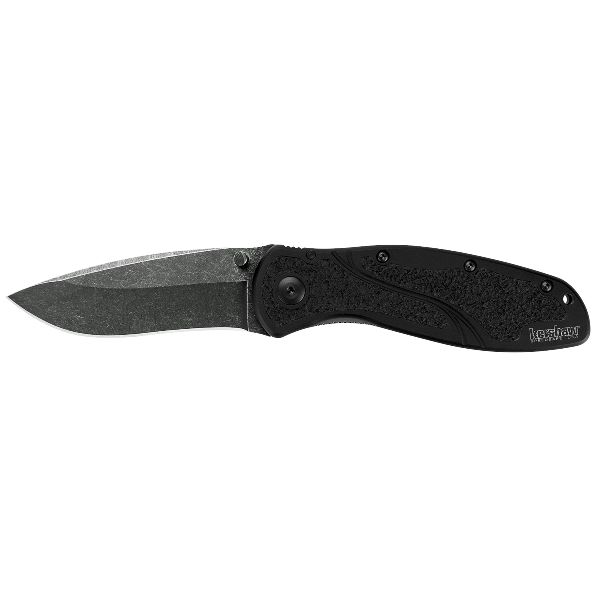 Kershaw Blur Blackwash Folding Knife (1670BW); 3.4” BlackWash 14C28N Steel Blade; Black Anodized Aluminum Handle with Black Textured Trac-Tec Inserts, SpeedSafe Opening, Reversible Pocketclip; 3.9 OZ