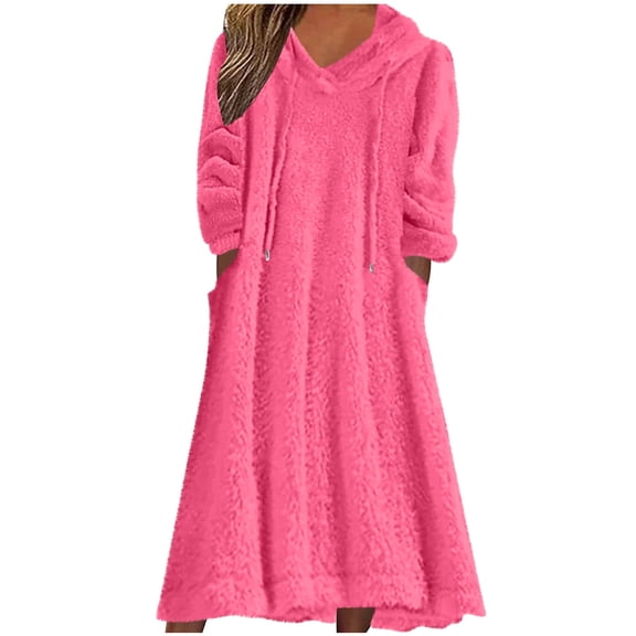 asdoklhq Dresses for Women Fashion Solid Color Pocket Hooded Long Sleeve Dress Hot Pink 4X