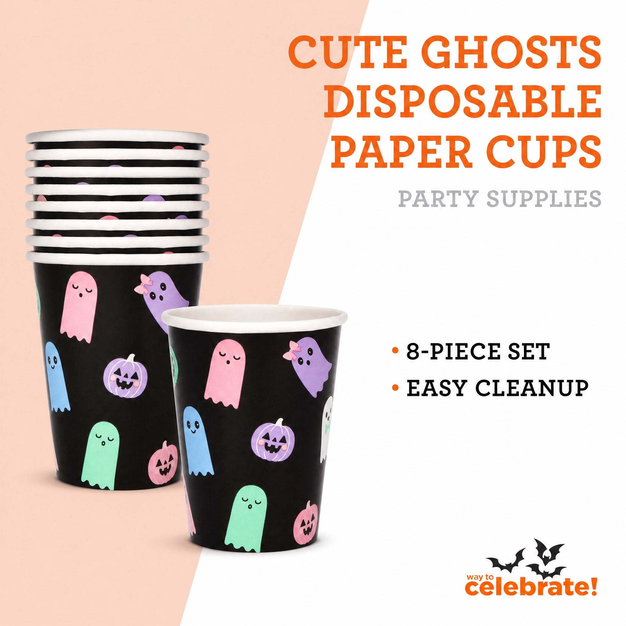 Cute Ghosts Disposable Paper Cups, Multicolor, 9 oz, 8 Count, Halloween by Way To Celebrate