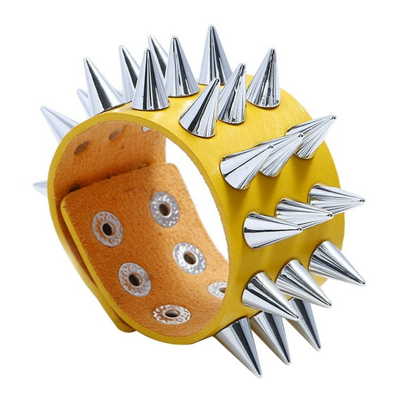 Grandest Birch Punk Men Women Faux Leather Multiple Spikes Bracelet Bangle Jewelry Wrist Decor Faux Leather, Alloy Yellow