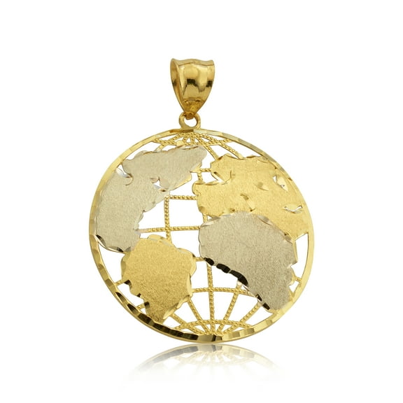 10K Yellow Gold Two Toned World Map Globe Charm Pendant (1.90" x 1.35")
