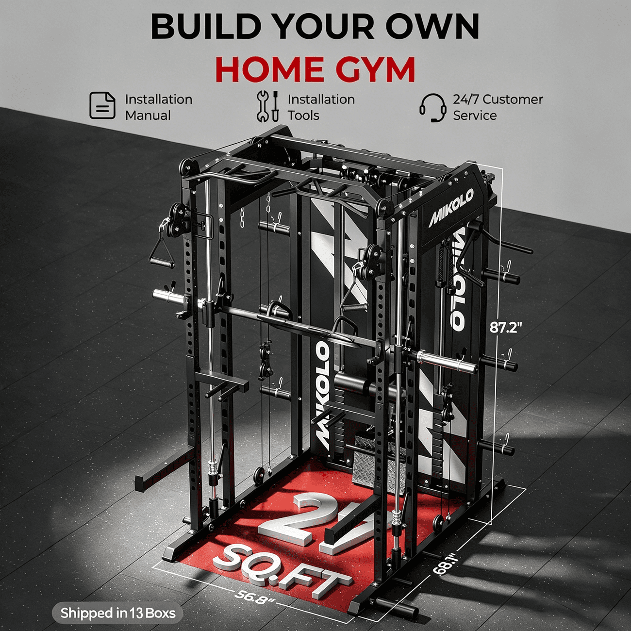 Mikolo Functional Trainer & Smith Machine, 2×2"Uprights (33 Holes), Dual 128LBS Weight Stack, Centralized Resistance Cable System