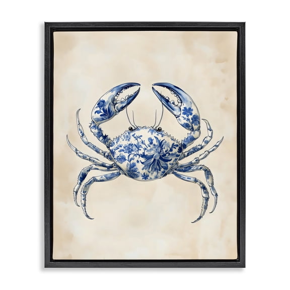 Stupell Industries French Country Blue Floral Crab Black Floating Frame Canvas Art, 17 x 21, by Arlington Prints