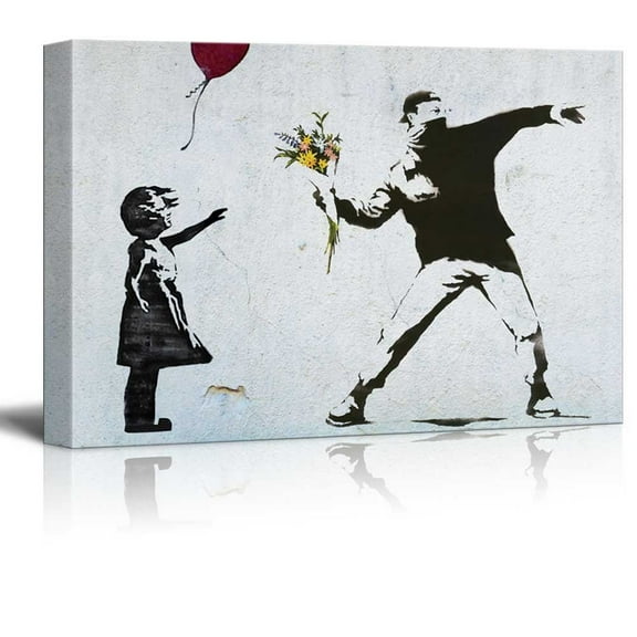 wall26 Canvas Print Wall Art - Balloon Girl and Rage the Flower Thrower - Banksy Street Art on Stretched Canvas Gallery Wrap. - 16" x 24"