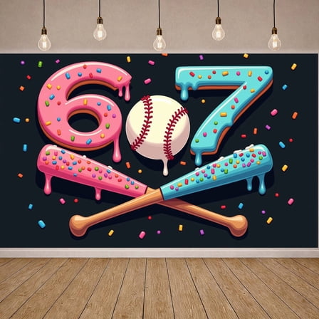 Colorful Sprinkles Baseball Birthday Banner Dripping Frosting 60th Birthday Display Pink Blue Design Baseball  Sweet Party Backdrop for Baseball Birthday Party 60th Birthday Celebration Kids Sports