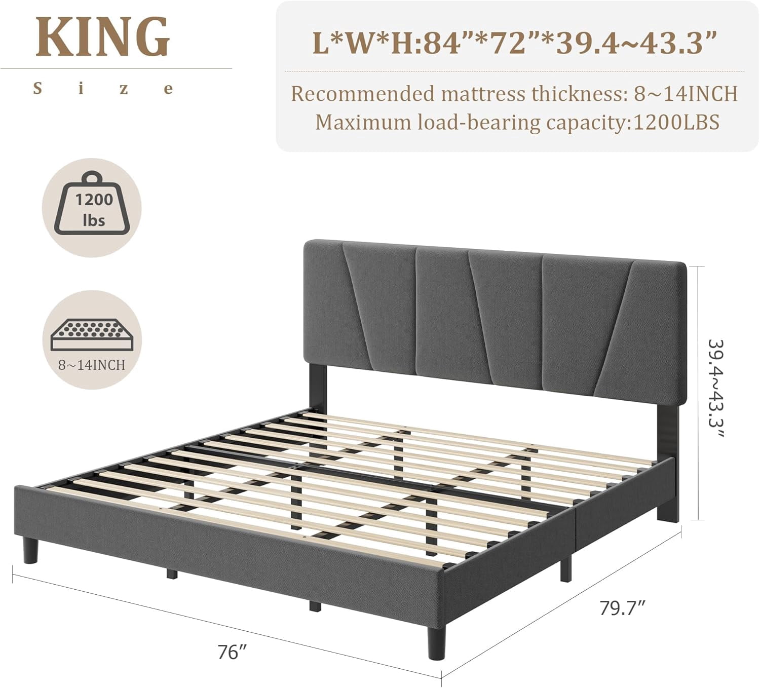 King Size Bed Frame with Adjustable Headboard, Linen Upholstered King Platform Bedframe with Strong Wooden Slats, Mattress Foundation, No Box Spring Needed, Easy Assembly