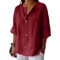 thumbnail image 4 of Red Tshirts for Women Linen Shirts for Women Summer Cotton Linen V Neck 3/4 Sleeve Tops Loose Vacation Beach Solid Blouses Tunic Tops Summer Tops, 4 of 6