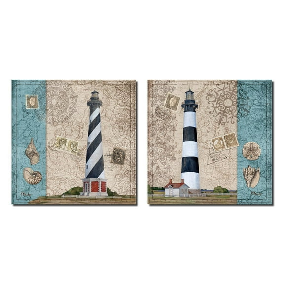 Harbor Point Lighthouse I Nautical Theme Lighthouse Seashells Stamps; Coastal Decor; Two 12x12 Poster Prints. Red/Blue/White/Beige