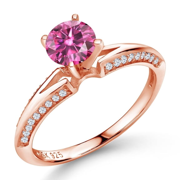 Gem Stone King 18K Rose Gold Plated Silver Ring Round Pink Moissanite and (1.38 Cttw, Size 8)