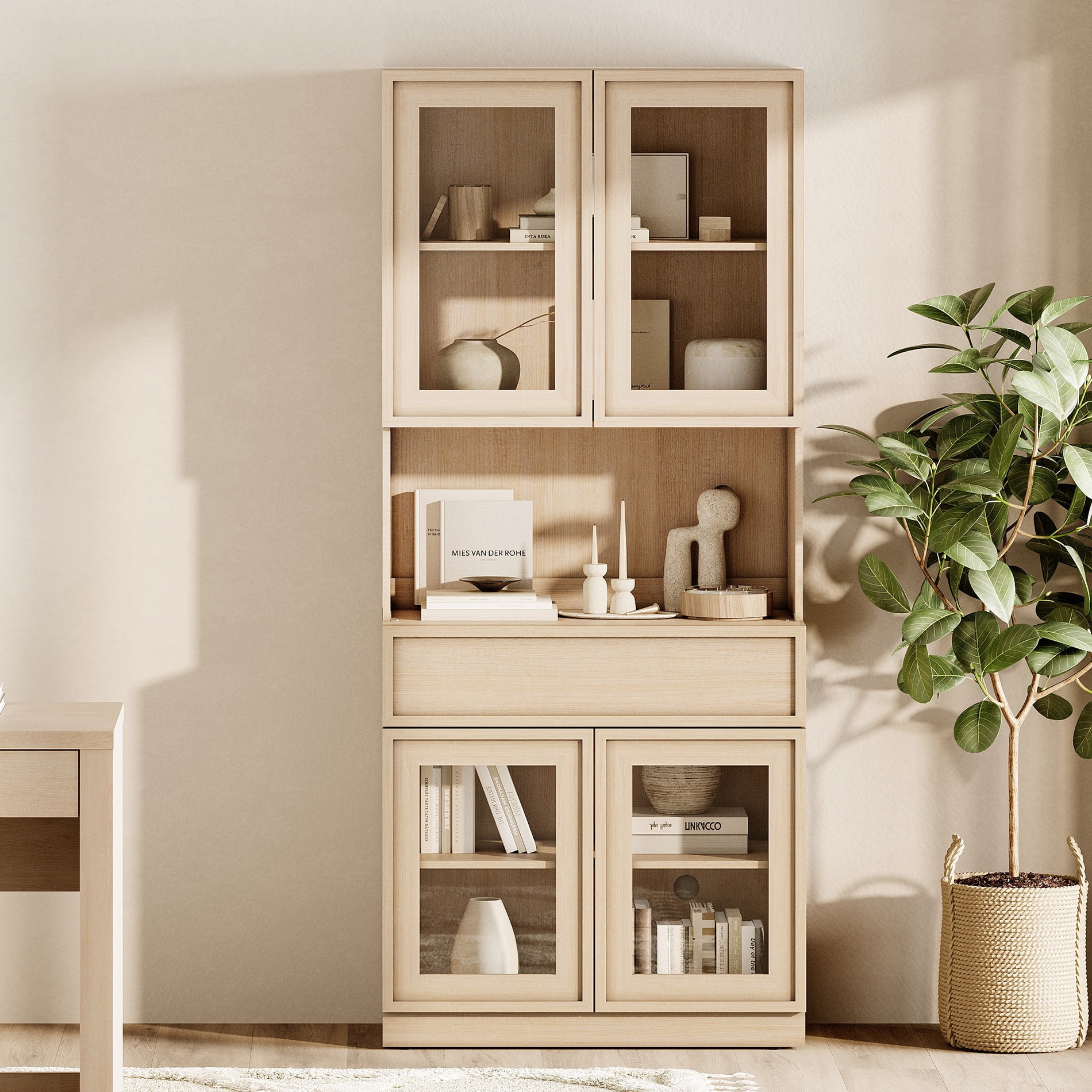 Modern 72" Tall Bookshelf with Glass Doors, Drawers & Adjustable Shelves,Storage Cabinet and Glass Display Shelves,Beige
