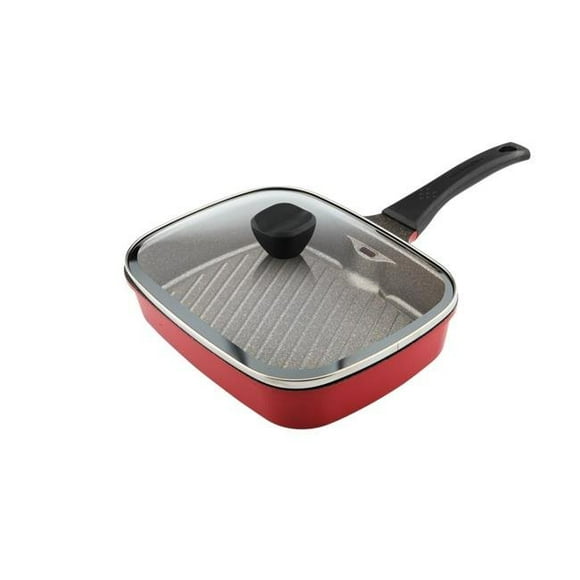 MegaMixer 28 cm Smokeless Rectangular Grill Pan with Compatible Glass Lid and Silicone Rim