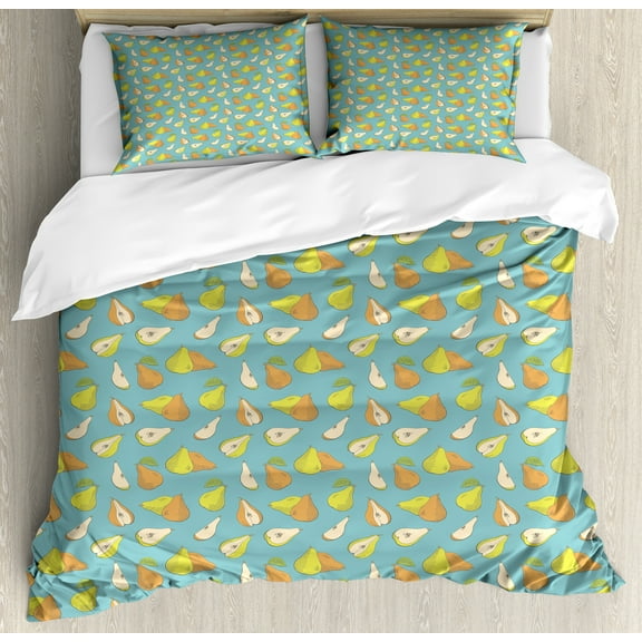 Ambesonne Pear Duvet Cover Set, Colorful Sketchy Fruit Sliced, Calking, Teal Apricot