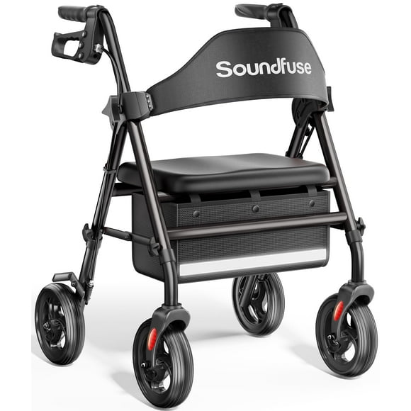 Andador con ruedas Soundfuse con asiento para personas mayores, plegable, con ruedas grandes de 8", todoterreno, asas y asiento ergonómico de altura ajustable, 169 kg (350 lb), compatible con FSA y HS