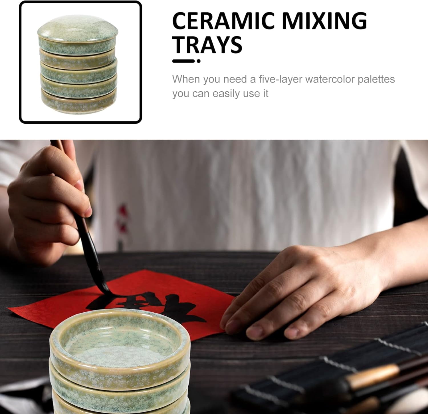 ABPETE 5 Layers, Stack-able Paint Plate, Porcelain Chinese Painting Mixing Trays, Watercolor Paint, Ink Mixing Tray, Artist Paint Coloring Tray with Lid