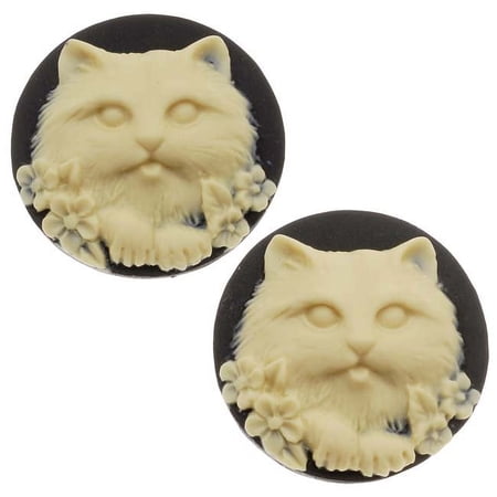 Lucite Round Cameo Black With Cream Cat's Face 25mm (2 Pieces)