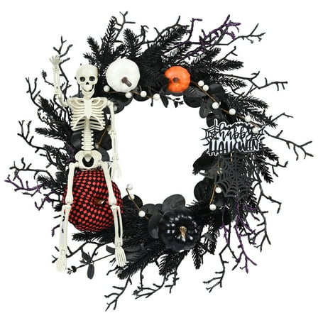 Halloween Skull Wreaths,Halloween Horror Wreath for Front Door Spooky Halloween Decorations Outdoor Indoor,Autumn Fall Halloween Hanging Sign Door