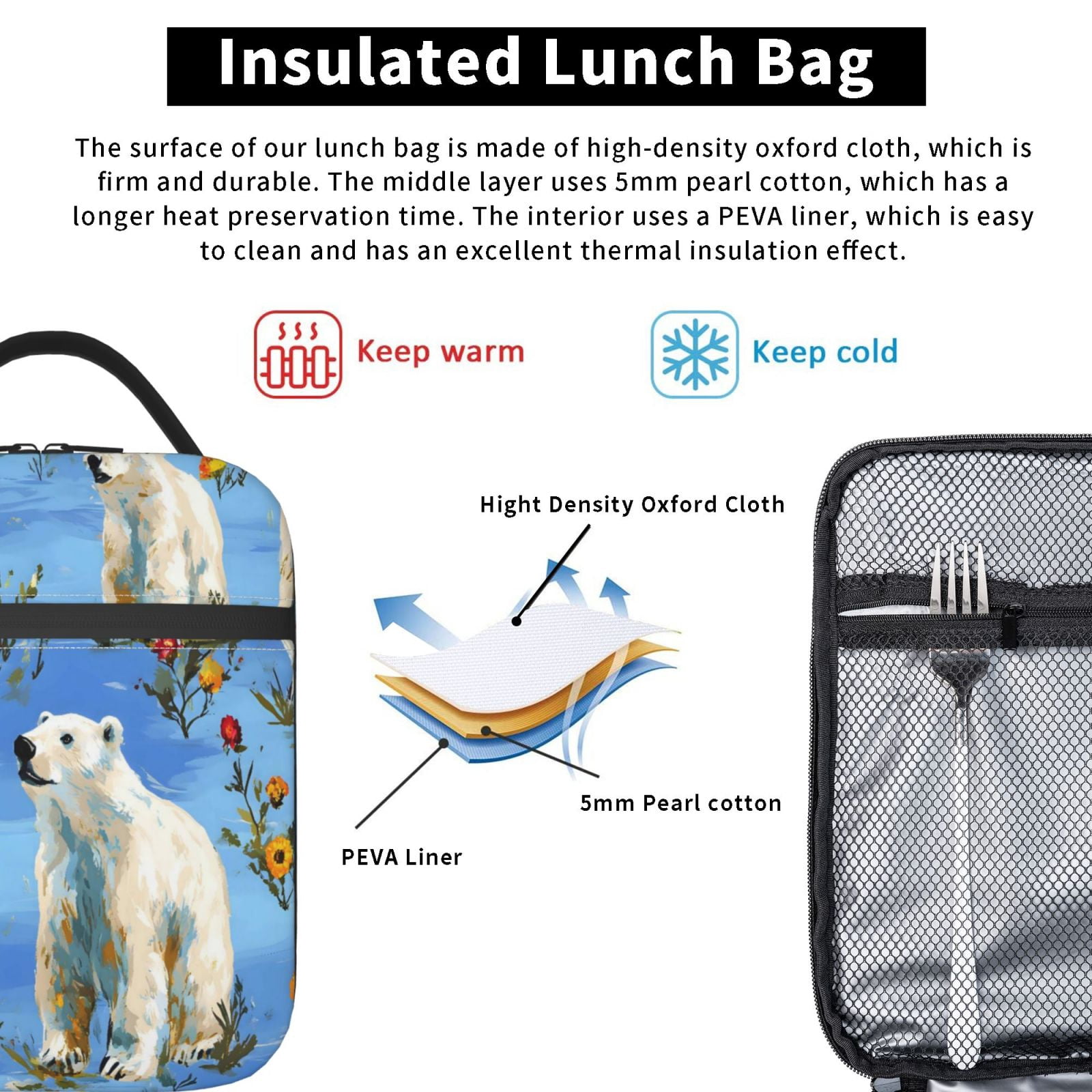 Lunch Bag For Women Men Insulated Portable Lunch Box Bento Box Office Picnic Travel Cooler Bag Polar Bear And Flower