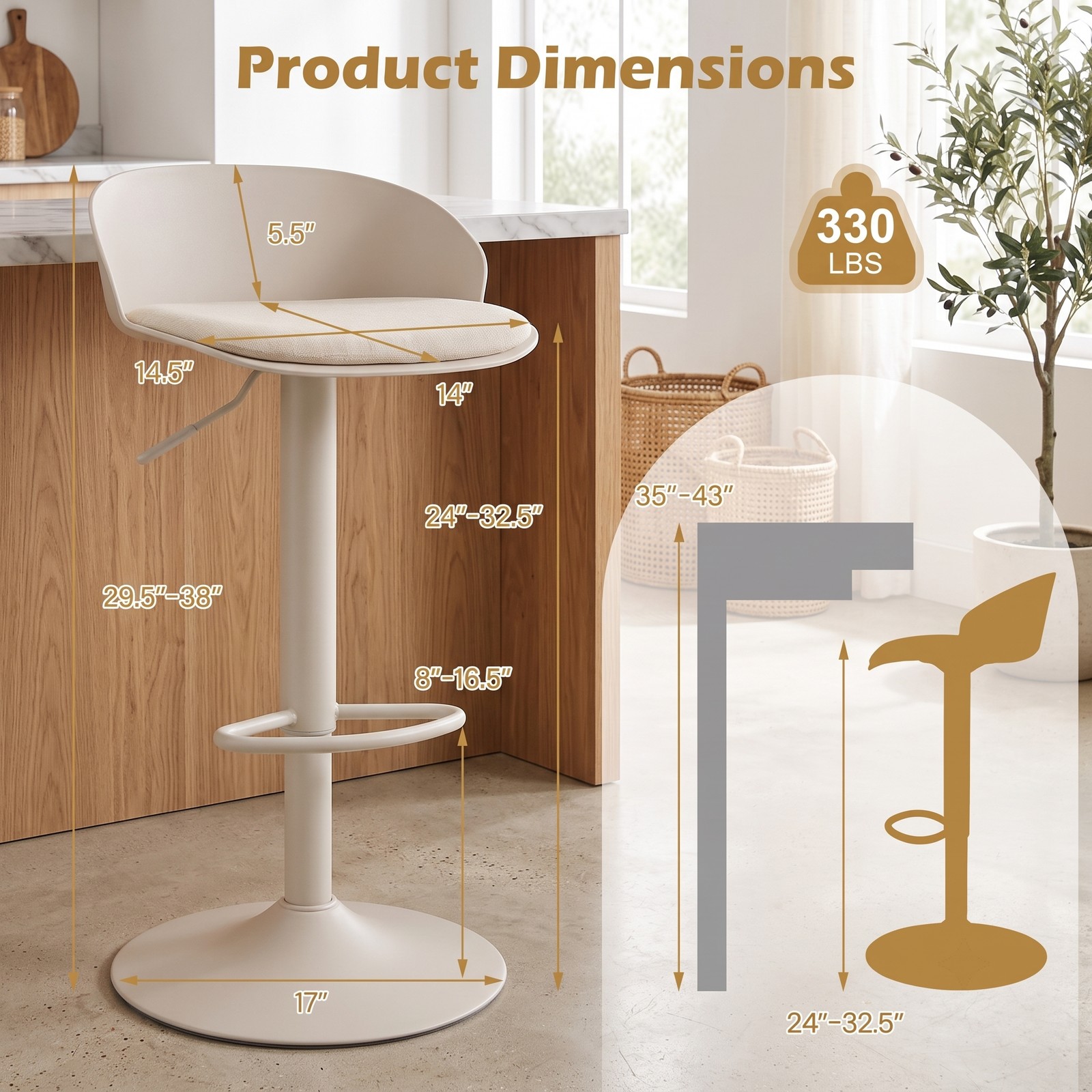 Furnibear Set of 2 Adjustable Swivel Bar Stools with Back and Footrest, 360 Degree Rotating Counter Height Barstools for Kitchen Island Dining Pub, 330 LBS, Cream