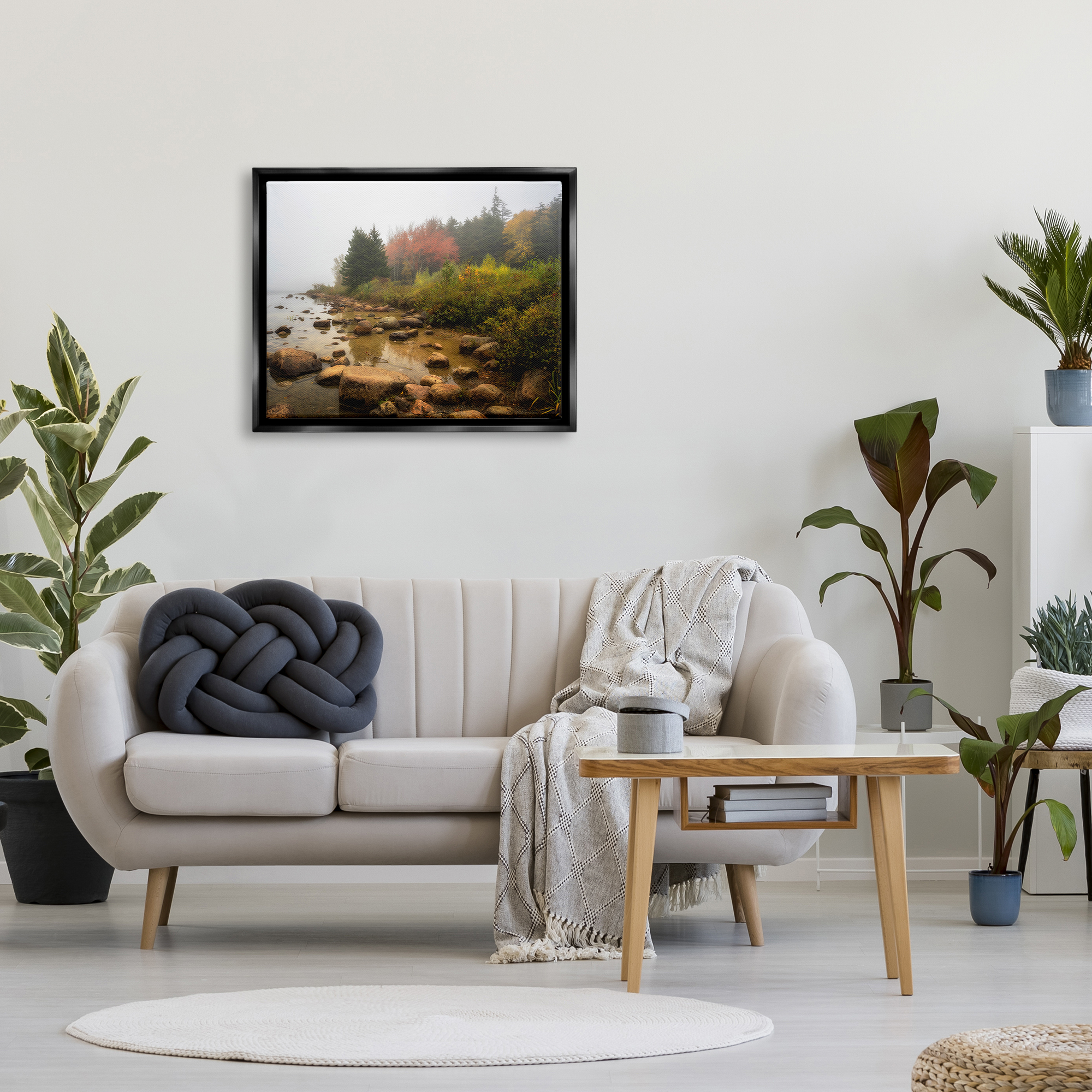 Stupell Industries Rocky Shore Woodland Foliage Coastal Photography Black Floater Framed Art Print Wall Art