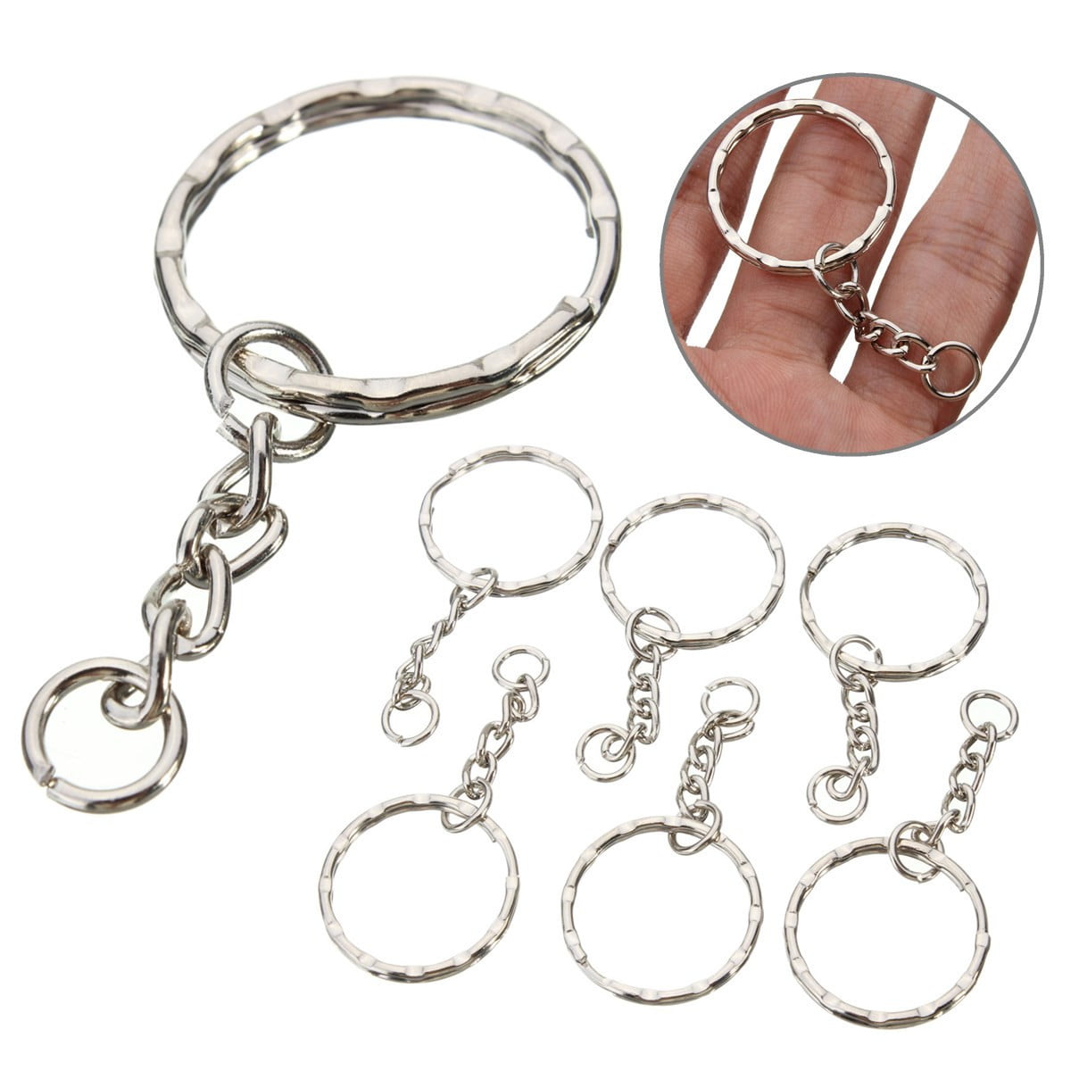 100Pcs Key Ring With Chains Split Ring DIY Keyfob Holder Findings Silver Charms 