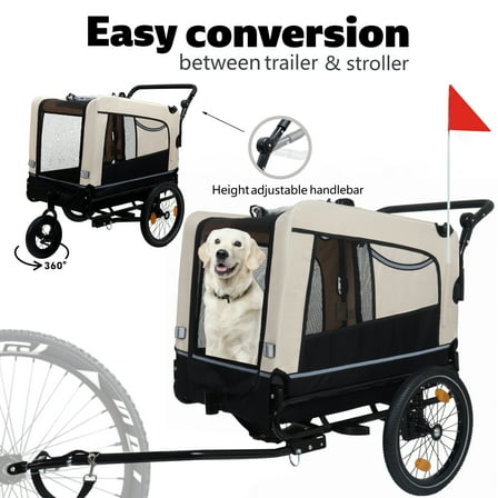 Zephypaws Dog Bike Trailer,Supports up to 88 lbs,2-in-1 Pet Stroller Cart Bicycle Carrier,Easy Folding Cart Frame with Quick Release Wheels,Universal Bicycle Coupler,Reflectors,Flag,Black Beige